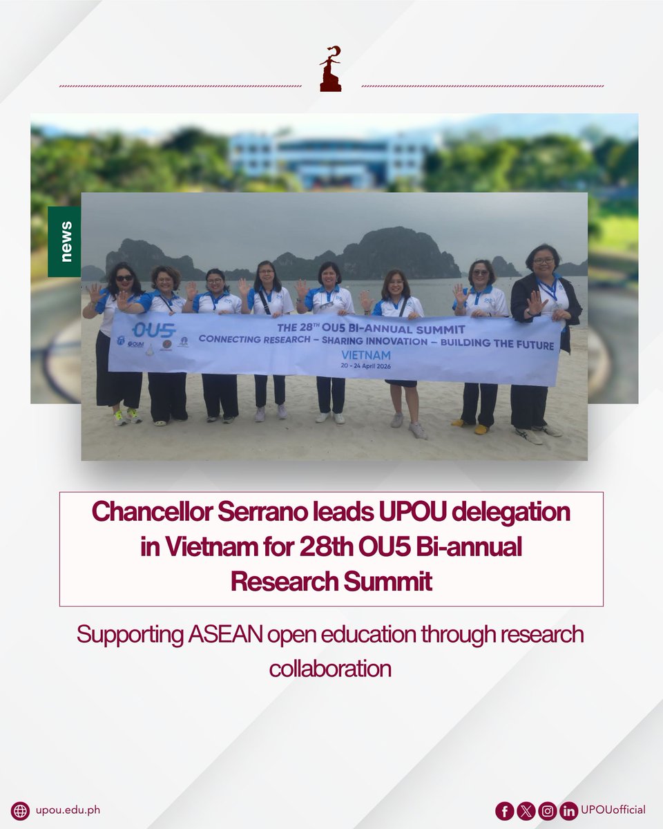 UPOUOfficial's tweet photo. Supporting ASEAN open education through research collaboration
UPOU, led by Chancellor Serrano, joins global education leaders at the 28th OU5 Bi-Annual Research Summit in Vietnam to champion inclusive, AI-driven, and sustainable education.
https://t.co/isr6dPfxH2
#UPOU #OU5 https://t.co/wf0kQpQSm4