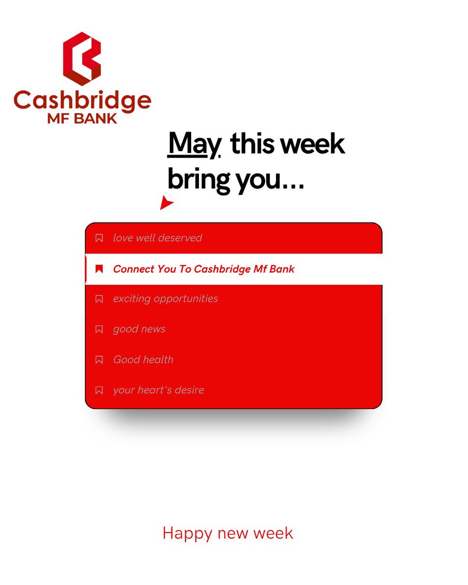 cashbridge_mfb's tweet photo. May this week bring you closer to everything you deserve and a step closer to smarter banking with Cashbridge 

Here’s to new wins, better savings, and opportunities that pay off.
Happy new week!

#newweek #cashbridge #smartbanking #financialgrowth #goodvibesonly #mfbank https://t.co/L8kIYWKipl