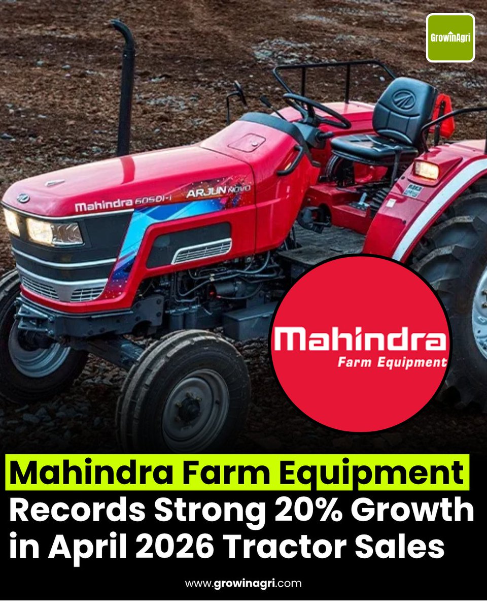 GrowinAgri's tweet image. Mahindra &amp;amp; Mahindra’s #FarmEquipment Business (FEB) reported strong growth in tractor sales for April 2026, driven by robust domestic demand &amp;amp; rising exports.

The company sold 46,404 #tractors in the domestic market during month, registering a 20% increase compared to April 2025