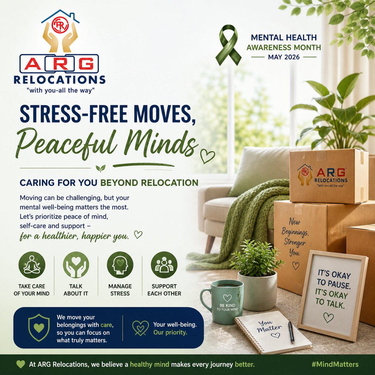 ArgMovers's tweet photo. 💚 Your mental health matters.

This Mental Health Awareness Month, let’s support, care, and create a stress-free environment for everyone.

— ARG Relocations

#MentalHealthAwareness #BeKind #ARGRelocations #HealthyMind #SupportEachOther https://t.co/dwsCluZ06C