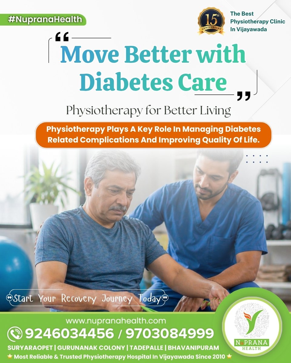 nupranahealth's tweet image. 🩺 Move better with diabetes care.
Manage complications &amp;amp; improve quality of life with expert care by #femalephysiotherapists in #Vijayawada at #NupranaHealth, led by Dr. V. B. Rajendra Prasad.