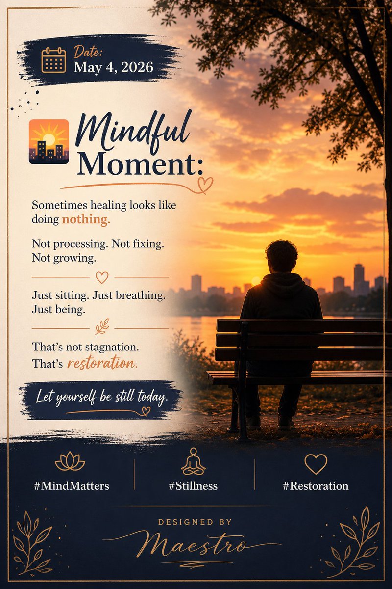 fabriceirad's tweet image. Mindful Moment:
Sometimes healing looks like doing nothing.
Not processing. Not fixing. Not growing.
Just sitting. Just breathing. Just being.
That’s not stagnation. That’s restoration.
Let yourself be still today.
#MindMatters #Stillness #Restoration