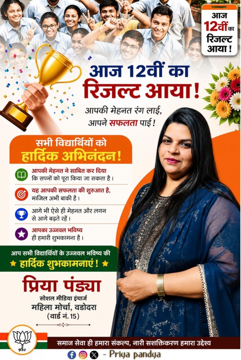 PriyaPandya11's tweet image. मेहनत + लगन = सफलता

आज 12वीं का रिजल्ट सिर्फ नंबर नहीं, आपकी मेहनत की पहचान है।।
सभी विद्यार्थियों को हार्दिक बधाई एवं उज्ज्वल भविष्य की हार्दिक शुभकामनाएं।।

#HSCResult2026 #Congratulations #StudentSuccess #HSCResult
#12thresult #अभिनंदन