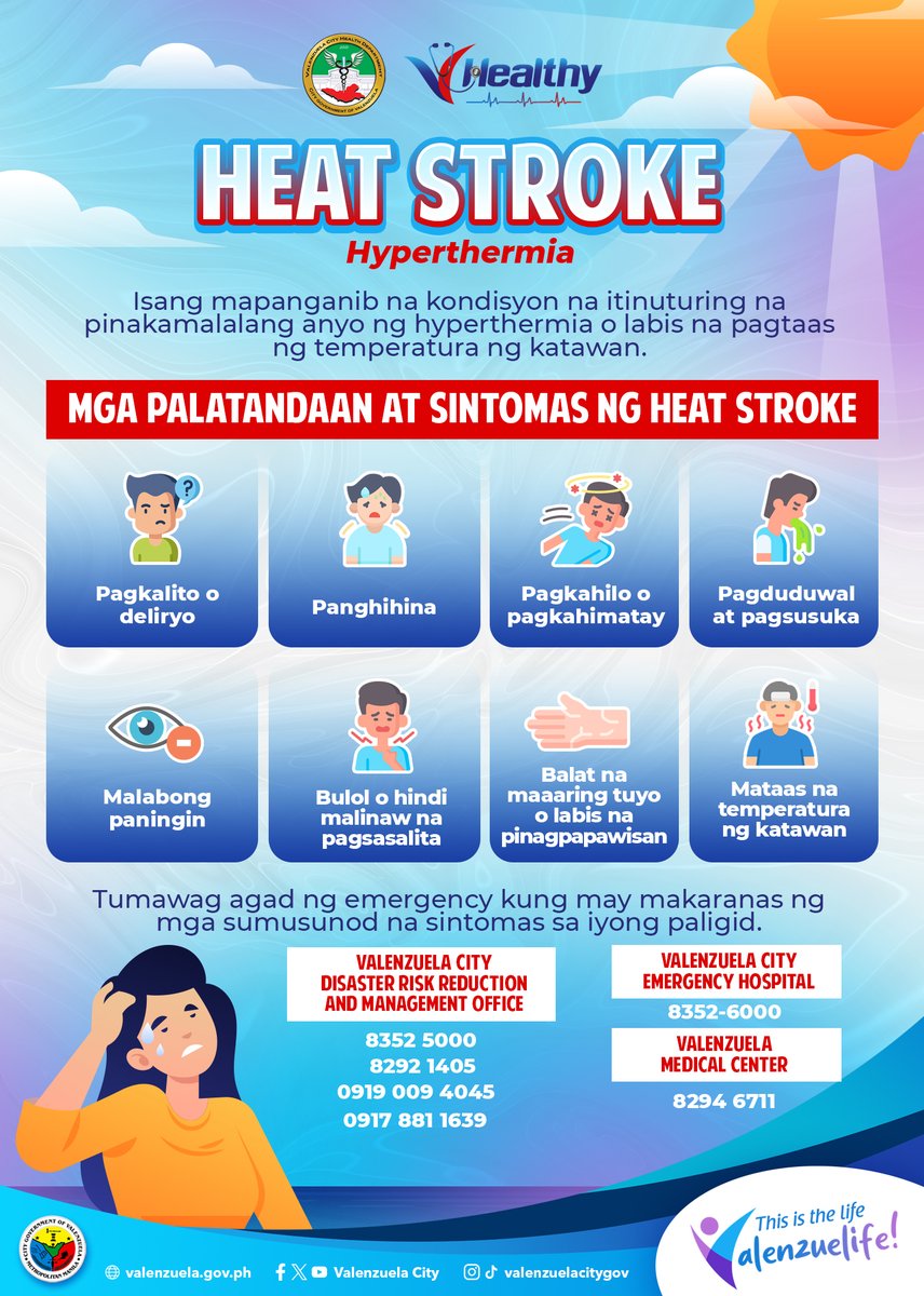 valenzuelacity's tweet photo. Alagaan ang kalusugan ngayong tag-init, Valenzuelanos!  
Alamin kung ano ang heat-related illnesses at kung ano ang dapat gawin upang maiwasan ito: https://t.co/lrQ2JmUr9M