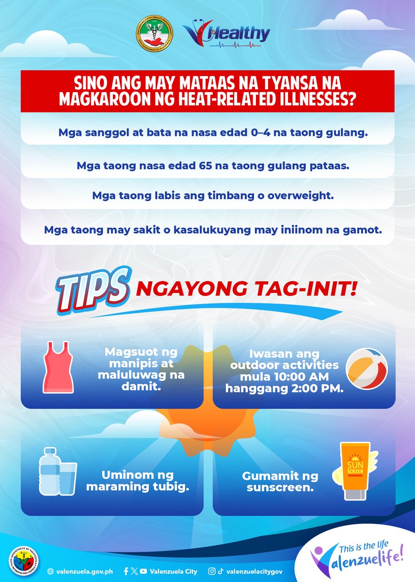 valenzuelacity's tweet photo. Alagaan ang kalusugan ngayong tag-init, Valenzuelanos!  
Alamin kung ano ang heat-related illnesses at kung ano ang dapat gawin upang maiwasan ito: https://t.co/lrQ2JmUr9M