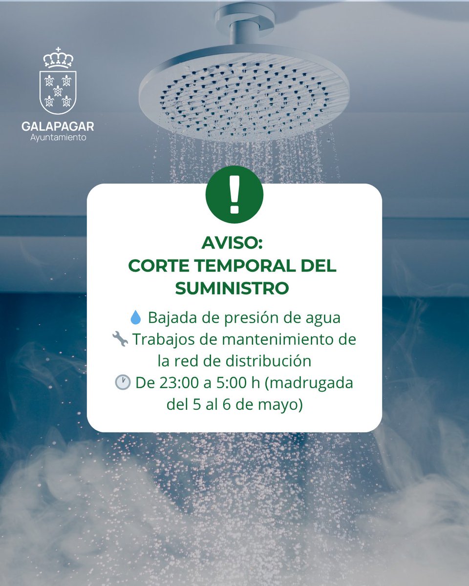 🚧 Aviso de corte de agua

Con motivo de trabajos de mantenimiento en la red de distribución, mañana 5 de mayo se producirá una interrupción temporal del suministro.

🕚 Horario previsto:
De 23:00 a 05:00 h (madrugada del 5 al 6 de mayo)