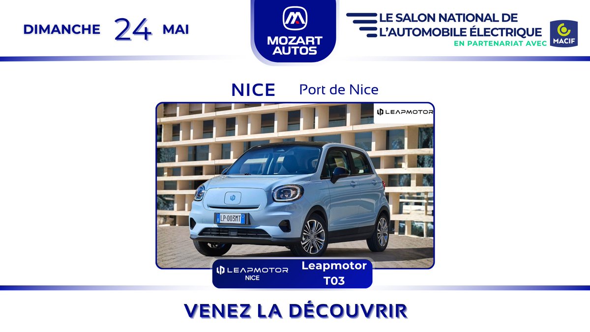 automobile_elec's tweet image. L'univers Leapmotor au Salon de Nice!🚗
📅Dim. 24 mai | 9h-18h
📍Port de Nice
Avec Mozart Autos :
🏎️ À l’essai : SUV familial C10
✨ Expo : Citadine T03
Essai avec expert, foodtrucks et animations
➡️ Billets et essais ici : automobile-electrique.com/salons/salon-n…
#Leapmotor #Nice #MozartAutos