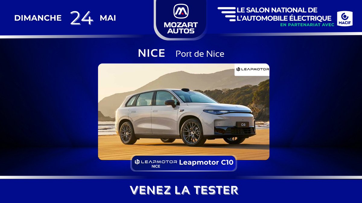 automobile_elec's tweet image. L'univers Leapmotor au Salon de Nice!🚗
📅Dim. 24 mai | 9h-18h
📍Port de Nice
Avec Mozart Autos :
🏎️ À l’essai : SUV familial C10
✨ Expo : Citadine T03
Essai avec expert, foodtrucks et animations
➡️ Billets et essais ici : automobile-electrique.com/salons/salon-n…
#Leapmotor #Nice #MozartAutos