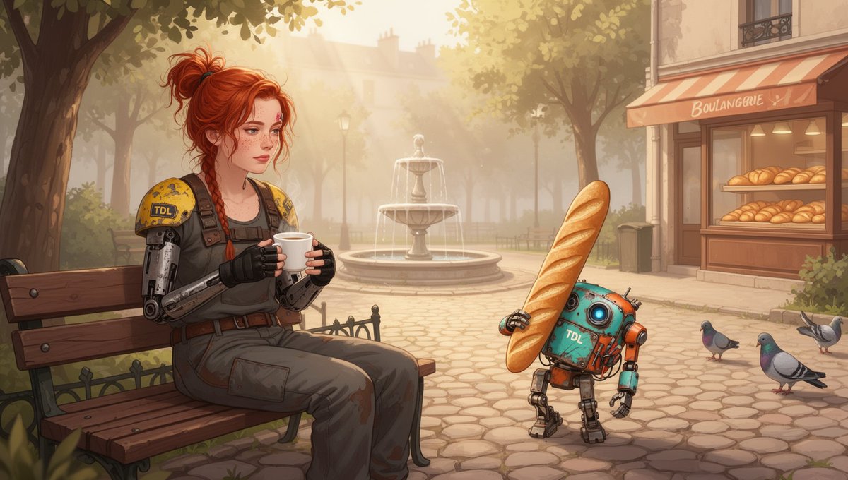 TheDreamersLab's tweet photo. Morning settles in quietly.

Lea takes her first coffee.
Patch… found a baguette.
Balance is still a work in progress.

Un matin calme… avant que tout commence.

#TheDreamersLab #LeaAndPatch #AIart #DigitalArt #CinematicArt https://t.co/9rkgoUdHme