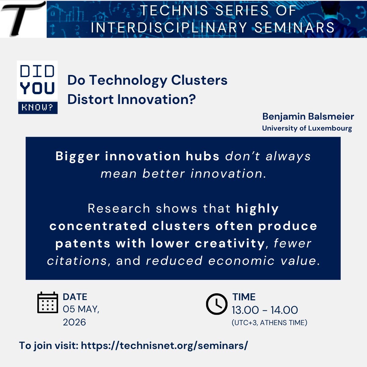 TECHNIS4's tweet photo. 💡 Innovation Tuesdays

📢 Did you know?
Expand your knowledge by joining our webinar tomorrow with Dr. Benjamin Balsmeier.
🔗 Register here: https://t.co/4phiBqof3r https://t.co/QMxU6DRnv9