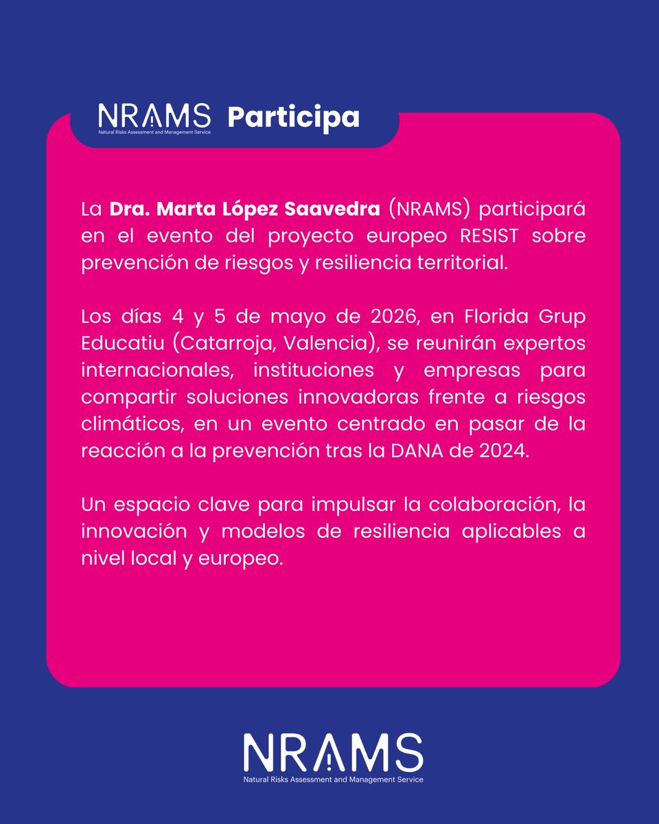nrams_csic's tweet photo. 🌍 La Dra. Marta López Saavedra (NRAMS) participará en el evento del proyecto europeo RESIST(4–5 mayo, Valencia).

Un encuentro clave para avanzar en prevención y resiliencia frente a riesgos climáticos tras la DANA de 2024.

@IDAEA_CSIC @CSIC https://t.co/MNlm5cqnYV