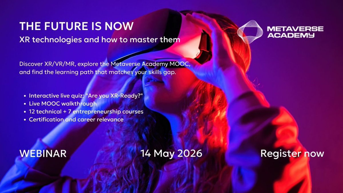 PEDALconsulting's tweet image. Don’t watch the future happen. Learn how to build it with #immersiveTech.

Join the free #MetaverseAcademy project #webinar on XR, VR &amp;amp; MR. Discover market trends, skills gaps, career paths, 19 online courses.

📅 14 MAY | 2 PM | Online
 👉Register now: shorturl.at/NX9pr