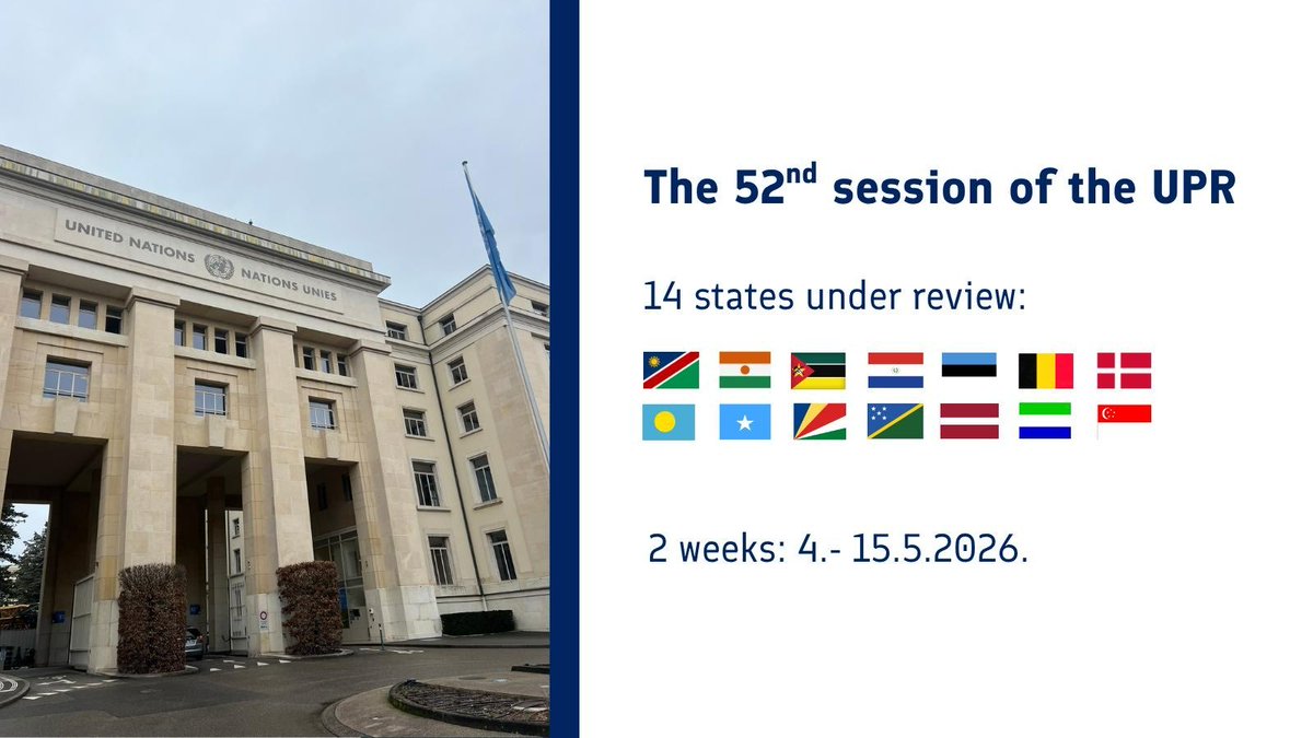 FinlandGeneva's tweet image. Today marks the start of the 52nd Universal Periodic Review, opening with Namibia 🇳🇦. Over the next two weeks, 14 states' human rights situation will be reviewed. #UPR52 #HumanRights