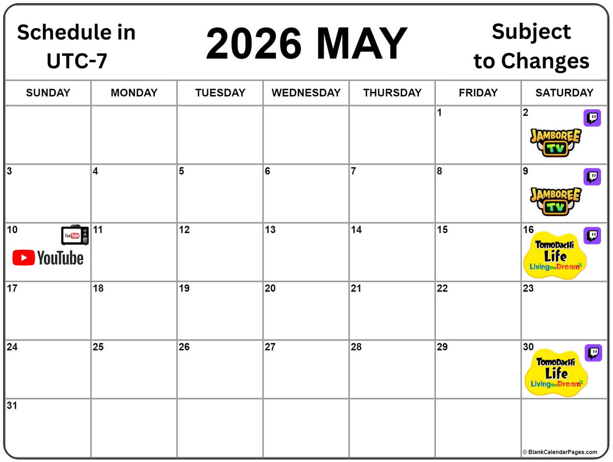 TheManLetsPlays's tweet photo. This upload schedule is for May 2026. Any day with the Twitch logo in the top-right corner of that day on the calendar will be a Twitch stream. Any day with the YouTube TV logo in the top-right corner indicates that a YouTube video is scheduled to launch on our channel, @TheManLetsPlays, on that day. Please note that additional YouTube videos or Shorts may be released outside of the planned upload schedule. Additionally, please note that this upload schedule is subject to change.

Stream Timings: Saturdays at 11:00 am PDT

Video Upload Timings: If a YouTube video or YouTube short is scheduled for a date without a specified time, it can launch at any time between 5:00 am PDT on that day and 4:59 am PDT on the following day.