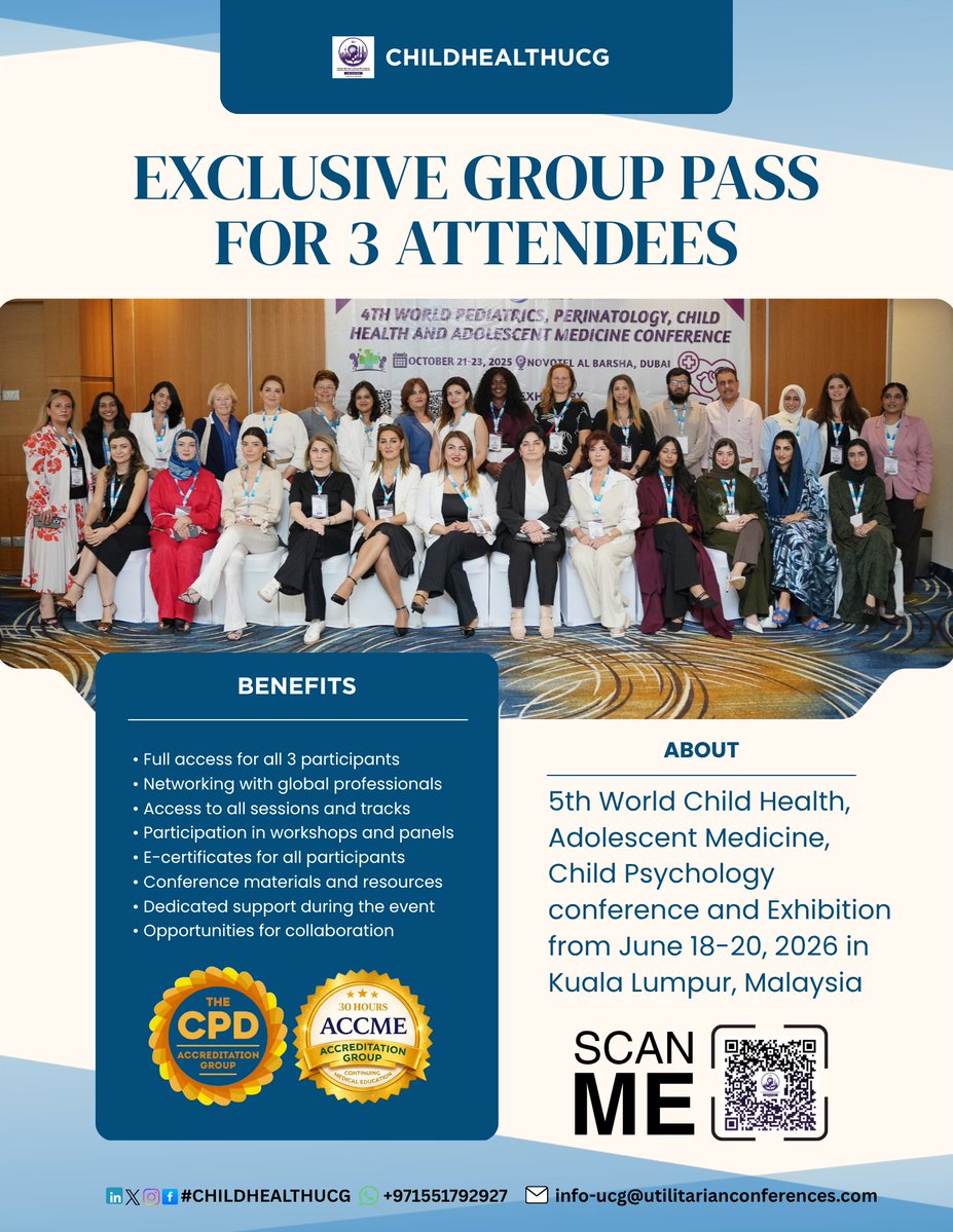 dr_lisharents's tweet image. 👥 Exclusive #Group #Pass for 3 #Attendees

Bring your colleagues, team members at 5th World Child Health, #Adolescent #Medicine &amp;amp; #Child #Psychology #Conference &amp;amp; #Exhibition from June 18-20, 2026, in Kuala Lumpur, #Malaysia.

Register Now: …t-medicine.utilitarianconferences.com/registration

#CME #CPD