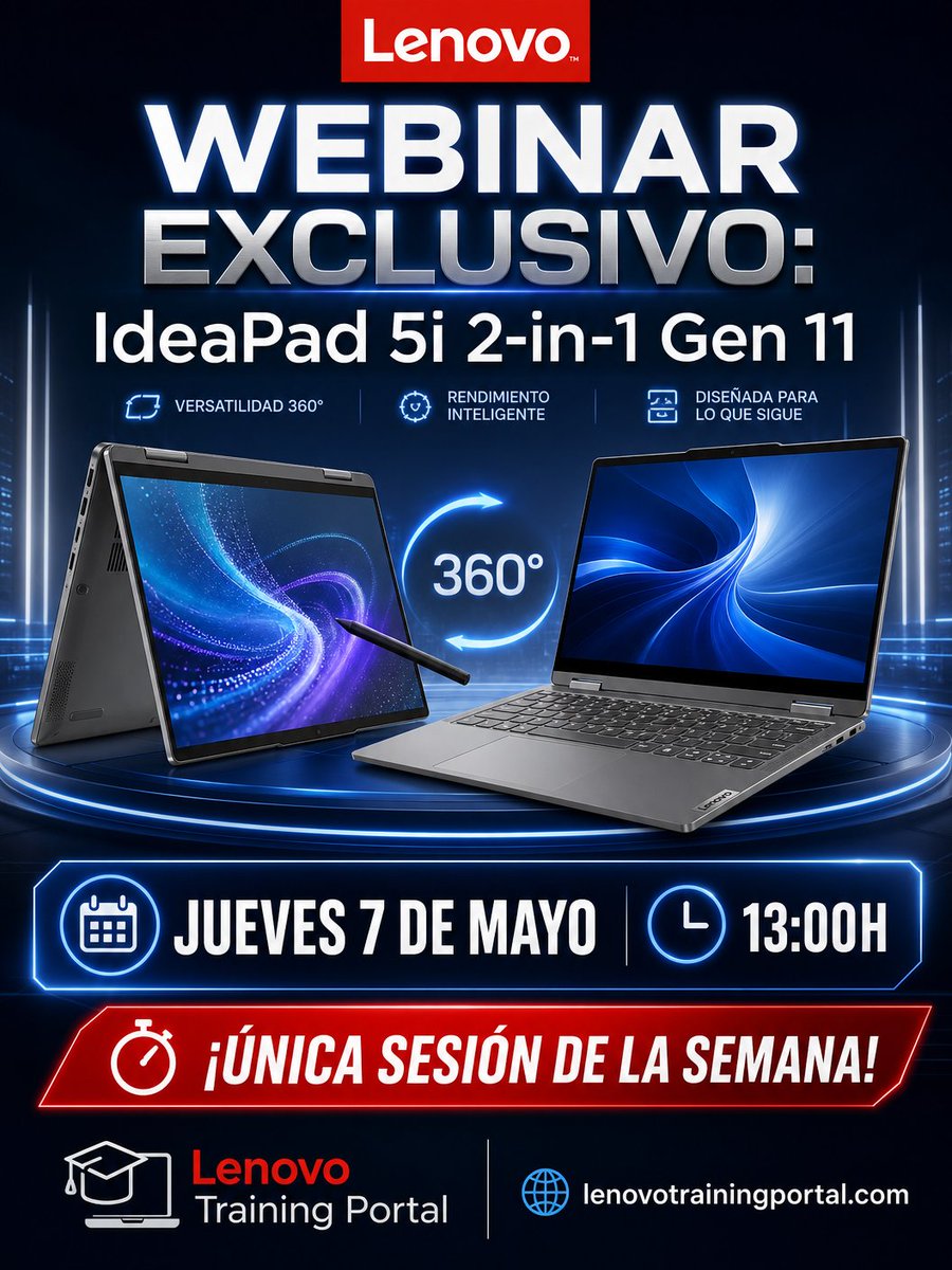 Lenovo_Training's tweet image. ¡Atención, vendedores! 🚨
WEBINAR EXCLUSIVO: IdeaPad 5i 2-in-1 Gen 11
🗓️ JUEVES 7 DE MAYO | 13:00H
¡ÚNICA SESIÓN! Domina la versatilidad 360º y el rendimiento inteligente.
Regístrate: 🔗 lenovotrainingportal.com
#Lenovo #IdeaPad5i #Webinar #Ventas #Formacion