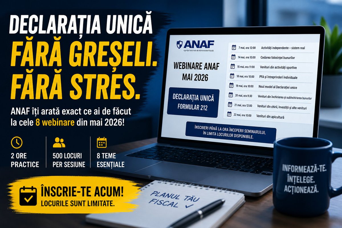 ValentinD's tweet photo. Declarația unică = mai simplă decât crezi. 
 ANAF organizează 8 webinare GRATUITE în mai. https://t.co/yRkSwAhXFi
⏳ 500 locuri / sesiune 
 📅 Înscrie-te acum și evită greșelile! https://t.co/drskZiEIWh