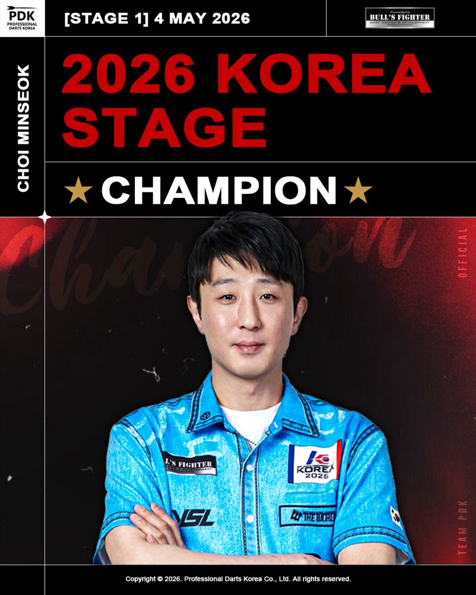 DartsPdk's tweet photo. 2026년 KOREA STAGE &amp; LADIES 1차
Apr 26 &amp; May 3, 2026

#TeamPDK 출전 선수

[코리아 스테이지]
최민석 (Bull’s Fighter) 우승

#PDK
#DartsKorea
#BullsFighter @Bulls_Fighter https://t.co/w8tonPoYeH