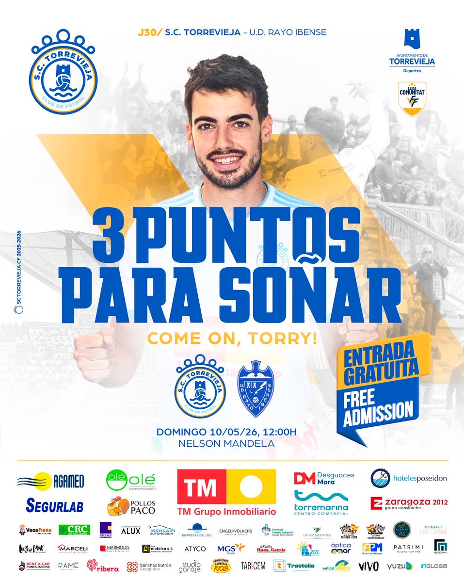 SCTorreviejaCF's tweet photo. #J30
!!!! ULTIMO PARTIDO LIGA!!!!!!!
!!! ENTRADA GRATUITA!!!
Después de 10 años el sueño de tercera vuelve a Torrevieja . Partido pasa soñar y meternos el Playoff  a 3 RFEF.
Domingo las 12:00 de la  mañana frente al Rayo Ibense.
📆 10/05/26
⏰ 12:00 
🏟️ ESTADIO NELSON MANDELA https://t.co/1JQNiUMIVk