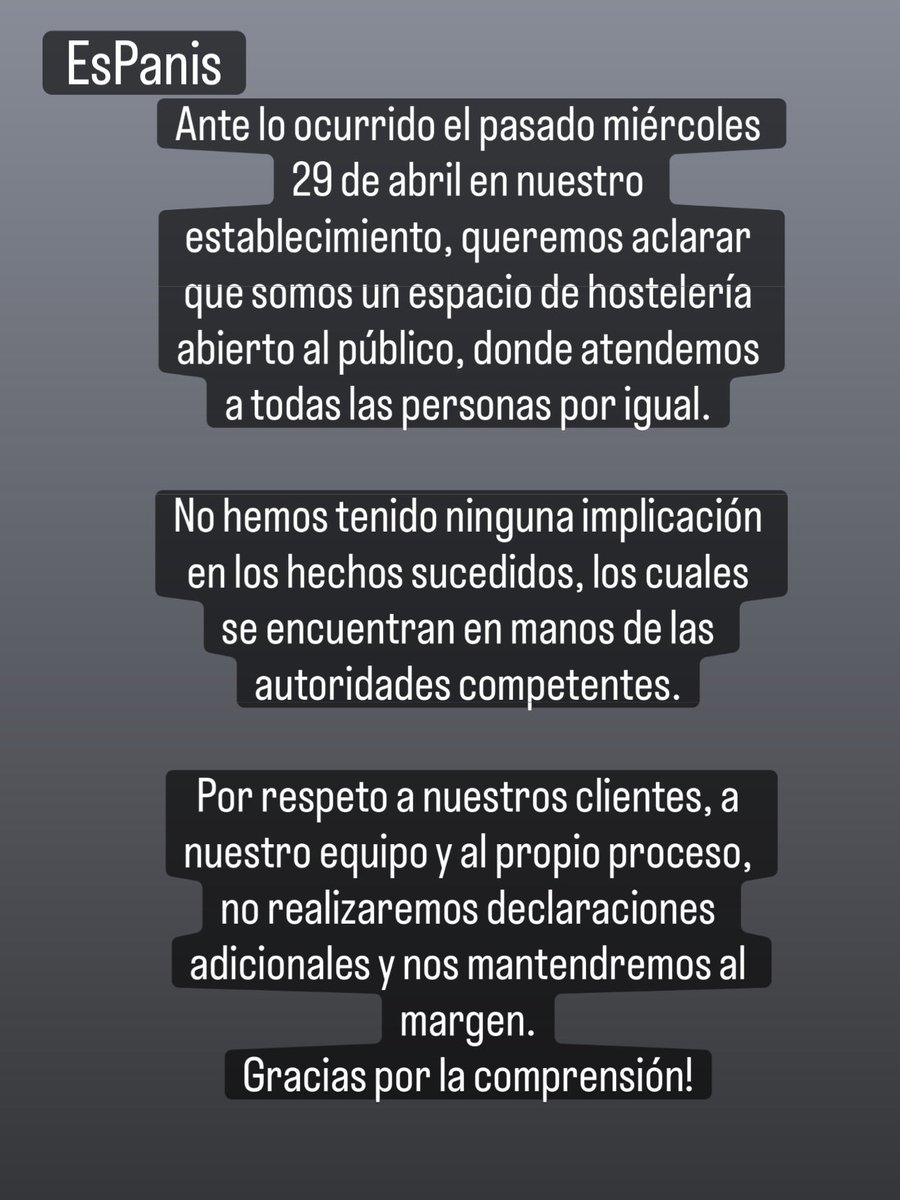 espanismadrid's tweet photo. Ante lo ocurrido el pasado miércoles 29 de abril, queremos aclarar que no tenemos ninguna implicación en los hechos sucedidos.
Por respeto a nuestros clientes, equipo y al proceso en curso, nos mantendremos al margen y no realizaremos más declaraciones.
Gracias por la comprensión https://t.co/SydB5u0GEz