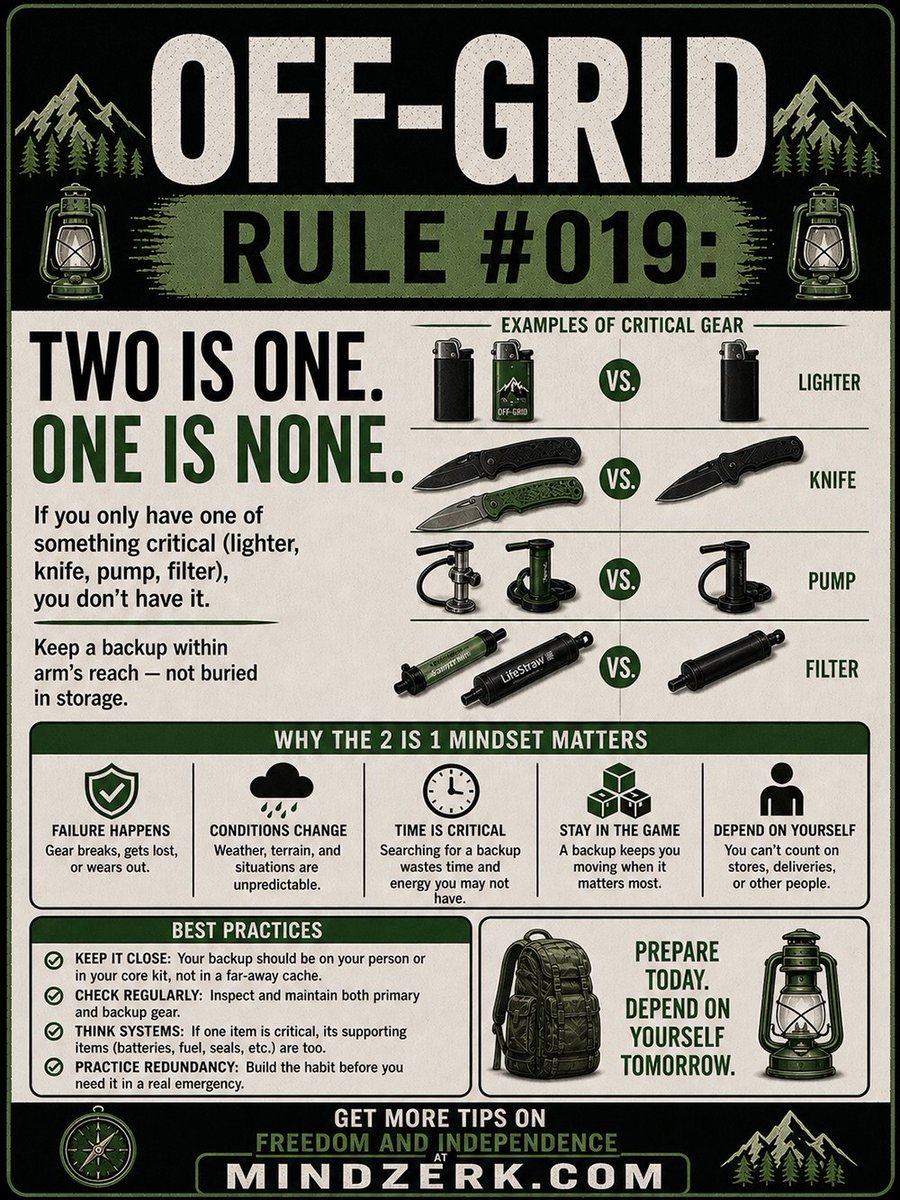 mindzerk's tweet image. One feels like enough…

Until it fails.

No backup. No margin. No recovery.

Two is one. One is none.
Redundancy isn’t extra—it’s survival.
oracle.mindzerk.com/two-is-one/

#Preparedness #OffGridLiving #SelfReliance #Mindzerk #AmidTheWild