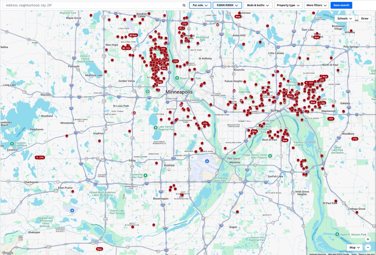 Pohlaa's tweet photo. @mcguirereports Here's the map for single family homes priced between $200-300K. Reasonable starter home price, roughly $1,800/m total payment on the high end. No idea why people wouldn't want to buy these! https://t.co/BL5uTq6DDG