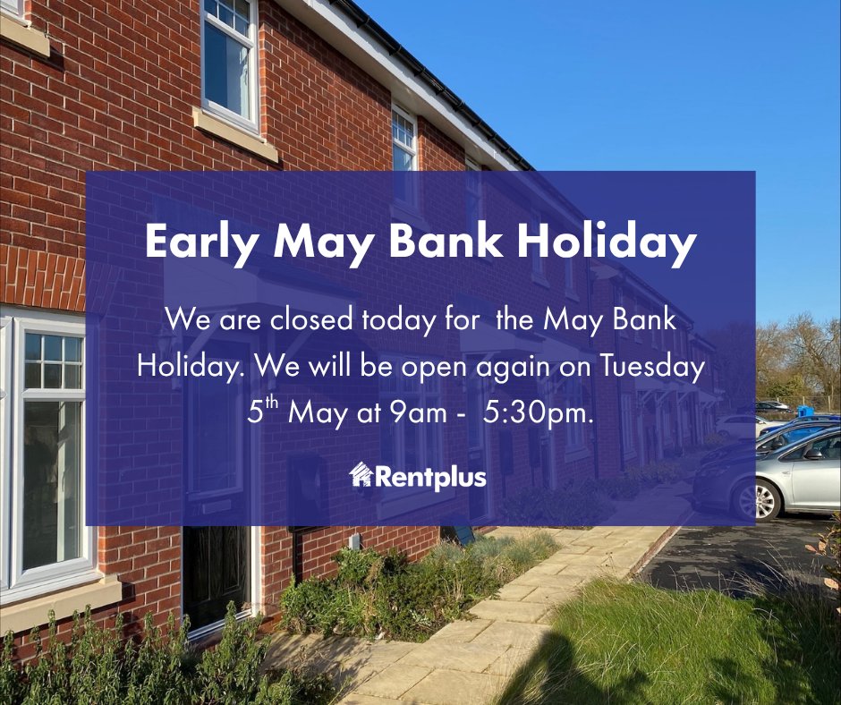 Rentplus_UK's tweet photo. Happy May Bank Holiday! What are your plans? We hope the sun is shining where ever you are. ☀️
We will be returning to our usual opening hours tomorrow Tuesday 5th May at 9am.

https://t.co/NOBAaGAwP8

#BankHoliday https://t.co/QmyvDNAmGT