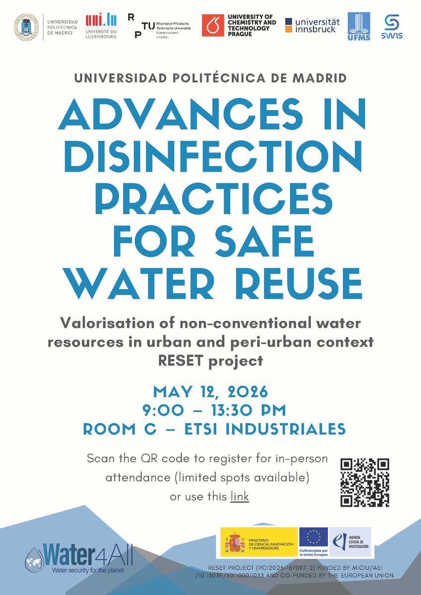 industrialesupm's tweet photo. Workshop internacional en #UPM. Advances in Disinfection Practices for Safe Water Reuse
12 mayo🕘 09:00–13:30
Desinfección, reutilización y seguridad sanitaria
Expertos academia + industria
Visita a laboratorio
https://t.co/QiWLfh95H1
#WaterReuse #Water4All #Wastewater https://t.co/5RurTUt7aw