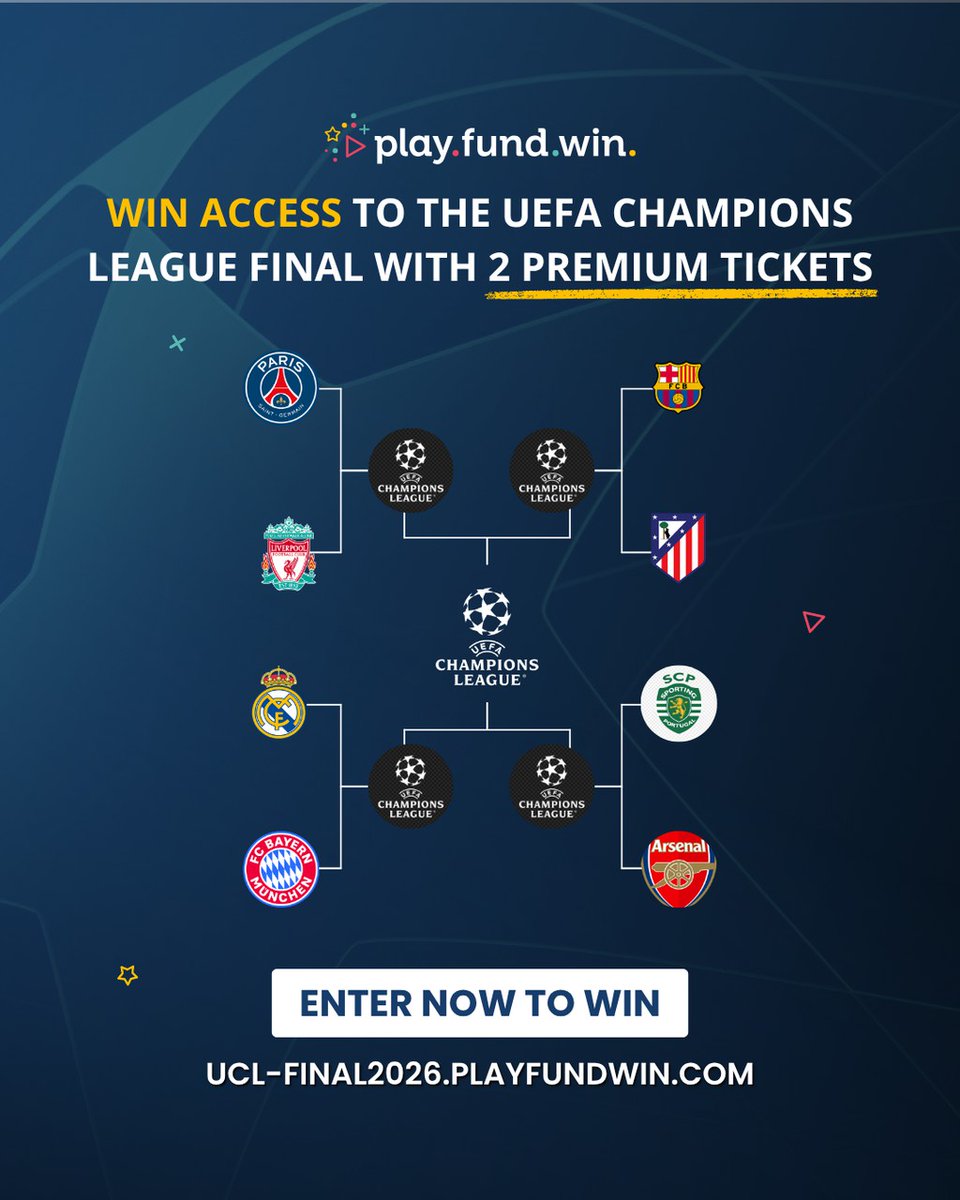 PlayFundWin's tweet photo. The UEFA Champions League Final is club football’s pinnacle ⚽
Enter the official draw to win 2 Premium tickets to the 2026 Final in Budapest.

Experience the biggest night in football live.

👉 https://t.co/7tuqMg0asn

#UCLFinal #ChampionsLeague #WinTickets https://t.co/zgMmssjHbM
