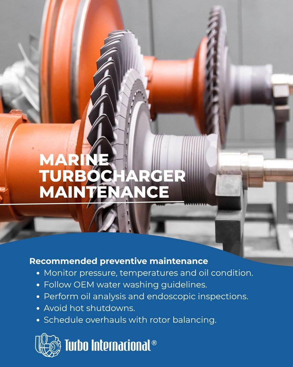 TurboInt_ES's tweet photo. 🚀 Keep your marine turbochargers at peak performance! Facing harsh conditions at sea, they need precise care.

Key tips: Monitor oil &amp; pressure, follow OEM water wash, and schedule regular inspections.
How do you maintain yours?

#MarineTech #TurbochargerCare https://t.co/ePdz3VScym