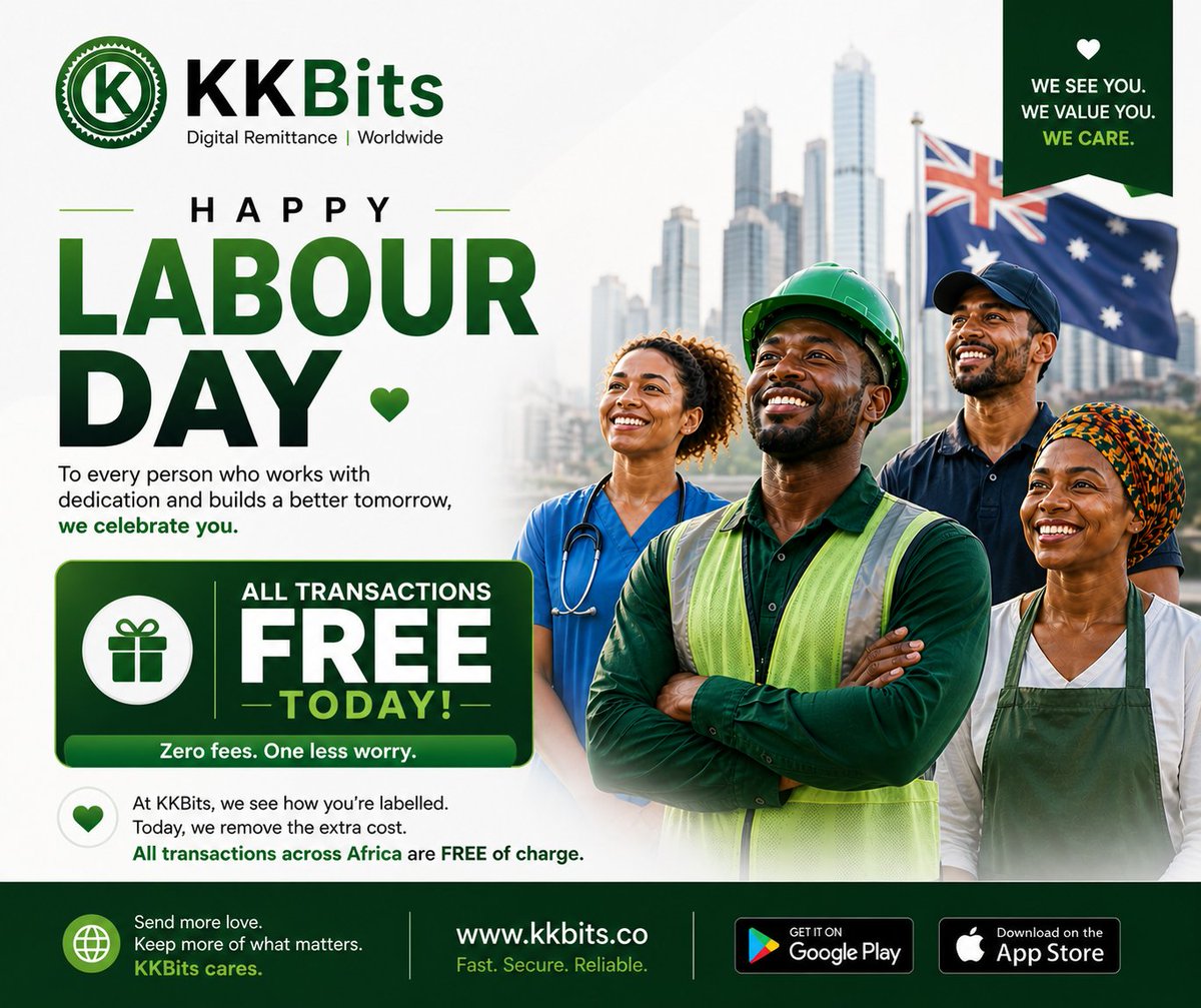 KKBITS1's tweet image. Working in Australia isn’t easy. Early mornings, long shifts, just trying to keep things moving.
We see that.
So today, all transfers are free.
Happy Labour Day. 💚
#KKBits #LaborDay #Australia #Fintech