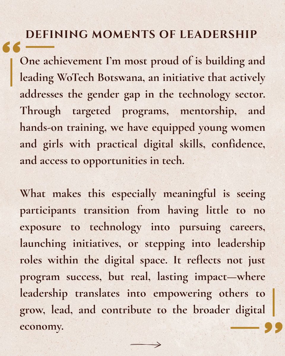 MINDSAfrica's tweet image. We’re proud to spotlight @TlameloCindy 🇧🇼, MINDS AYNM Alumna and tech entrepreneur. Founder of Softberry Solutions &amp;amp; Sebaga Africa, and leader of WoTech Botswana—driving innovation and empowering women in tech.
#MINDSAlumni #AYNM #WomenInTech #AfricanLeadership