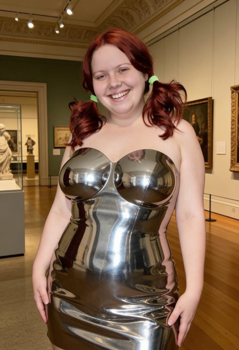 Lizzy1262629's tweet photo. Channeling my inner chrome doll in the gallery ✨ Liquid silver serving futuristic realness with a side of playful pigtails 💚 #ChromeDress #MetallicOutfit #RedHairVibes https://t.co/MhdKhQ4vnE