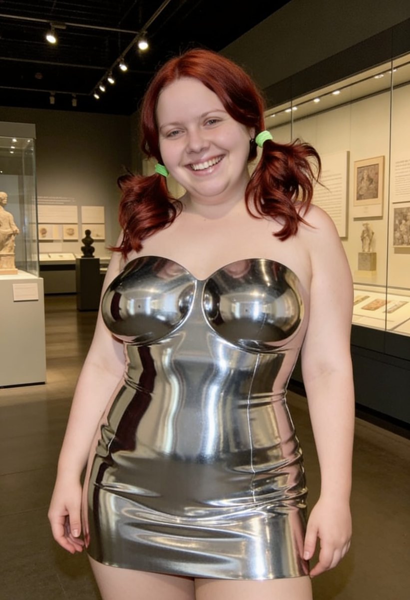 Lizzy1262629's tweet photo. Channeling my inner chrome doll in the gallery ✨ Liquid silver serving futuristic realness with a side of playful pigtails 💚 #ChromeDress #MetallicOutfit #RedHairVibes https://t.co/MhdKhQ4vnE