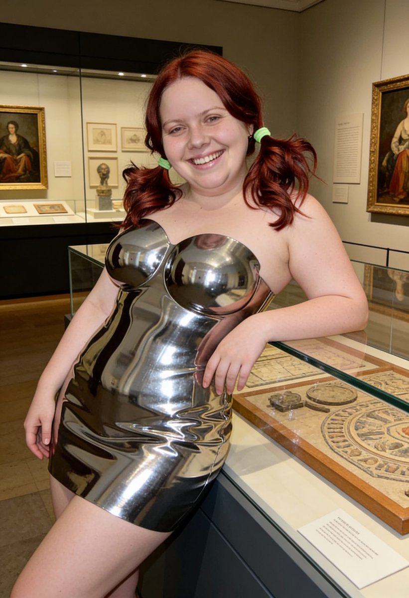 Lizzy1262629's tweet photo. Channeling my inner chrome doll in the gallery ✨ Liquid silver serving futuristic realness with a side of playful pigtails 💚 #ChromeDress #MetallicOutfit #RedHairVibes https://t.co/MhdKhQ4vnE