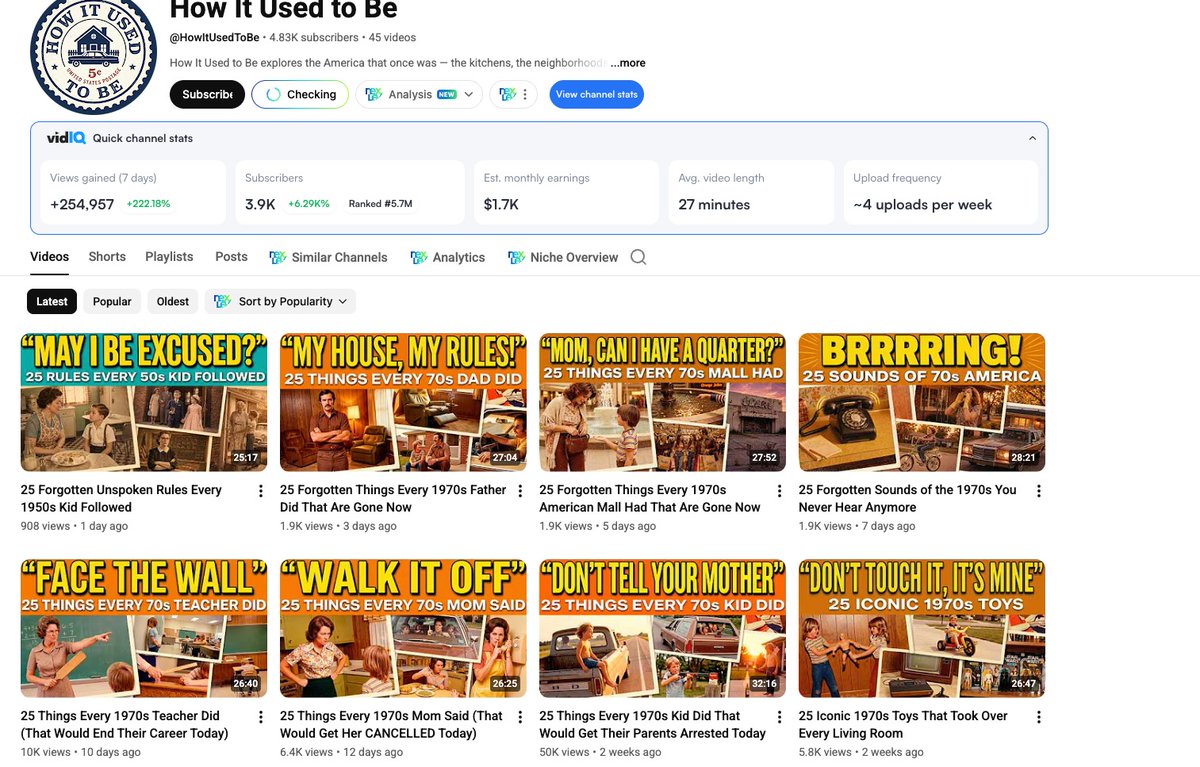 Nostalgia channels are quietly printing views.

Simple format.
Repeatable ideas.
Emotion > editing.

Study this:
25 items + strong hook + familiar pain = binge worthy content.