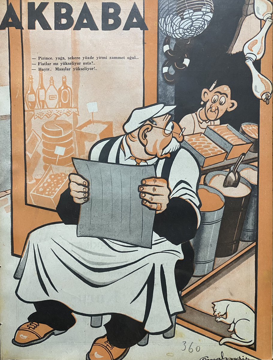 LibraryLost's tweet photo. Maaş zammı, emekli maaşları, asgari ücret veya enflasyon her gündeme geldiğinde böyle bir karikatür yayınlamak gelenektendir:)

Bu da 1940 yılından…

“- Pirince, yağa, şekere yüzde yirmi zammet oğul. 
- Fiyatlar mı yükseliyor usta?
- Hayır… Maaşlar yükseliyor.”

Cemal Nadir 
Akbaba, 12 Aralık 1940