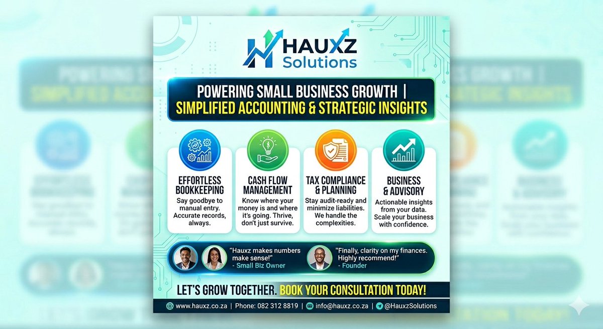 ashni888's tweet image. Ready to elevate your business? Book your consultation today: 🌐 hauxz.co.za 📧 info@hauxz.co.za 📞 082 312 8819
#smallbusinessaccounting 
#HauxzSolutions
#FinancialGrowth 
#bookkeepingservices 
#taxplanning 
#Entrepreneurship 
#businessadvisory 
#SouthAfricaBusiness