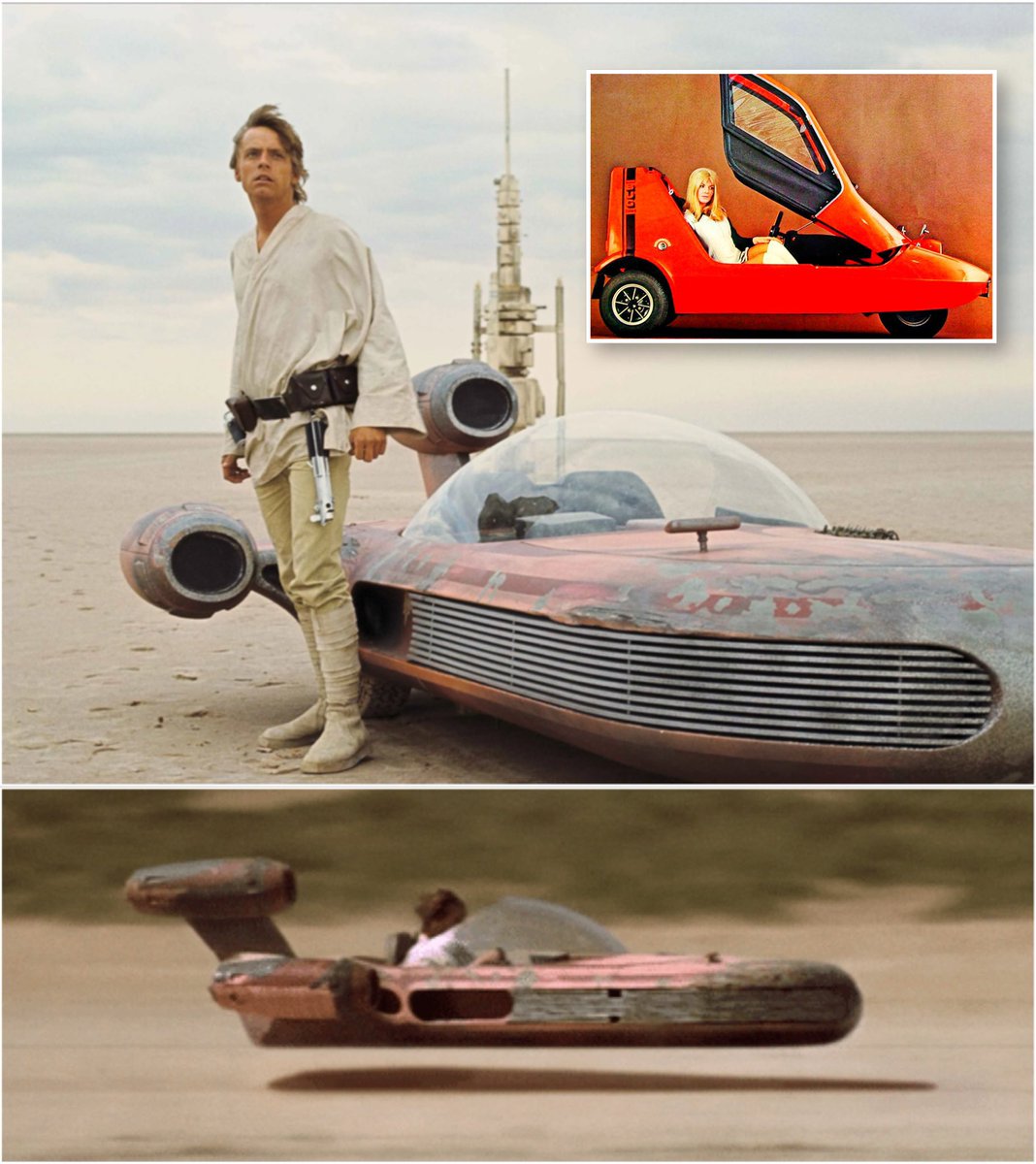 Superstar_Cars's tweet photo. For #StarWarsDay, here’s Luke Skywalker with his anti-gravity X-34 Landspeeder.

The Landspeeder was designed and built by the legendary Tom Karen of Ogle Design around the decidedly non-anti-gravity Bond Bug - and the clever use of angled mirrors.

#MayThe4thBeWithYou #StarWars https://t.co/wUMgRLVQSN