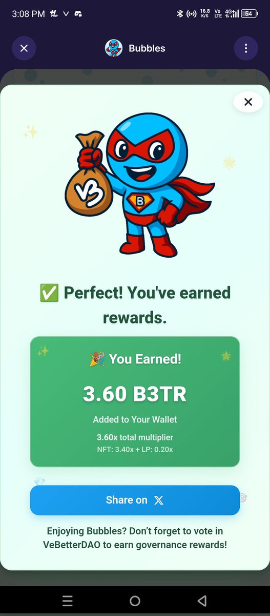 Somwangvyvo's tweet image. 💎 Another successful refill! 3.60 B3TR added to my wallet thanks to @Bubbles2Earn. Small actions, big rewards! 🚰✨ #Bubbles2Earn #EcoFriendly #B3TR bubbles.green