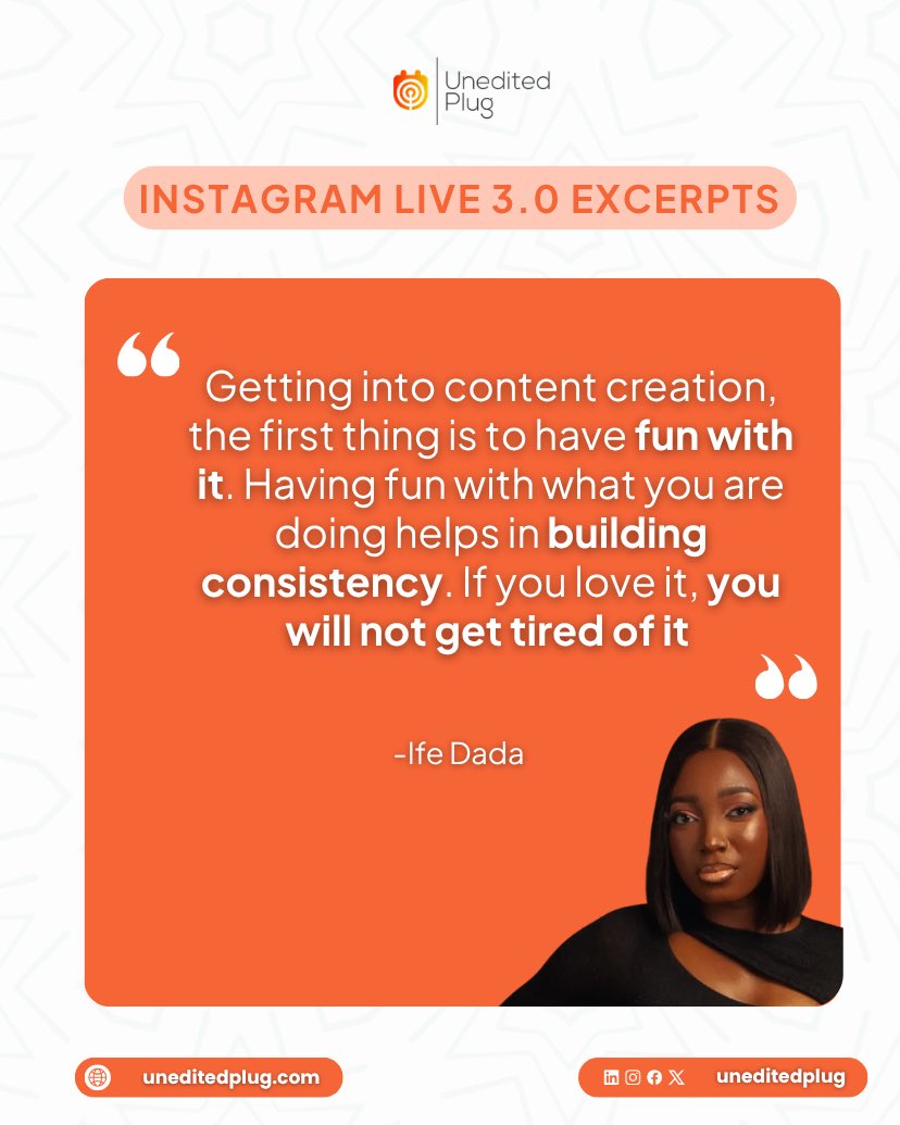 UneditedPlug's tweet photo. During our Instagram Live 3.0 session, Ife Dada shared insights on building a personal brand.

Speaking from her experience as a content creator, she laid emphasis on being dynamic and responsive to trends and evolving.

How are you leveraging trends this week? Let us know…. https://t.co/H0kLBsn2Y6
