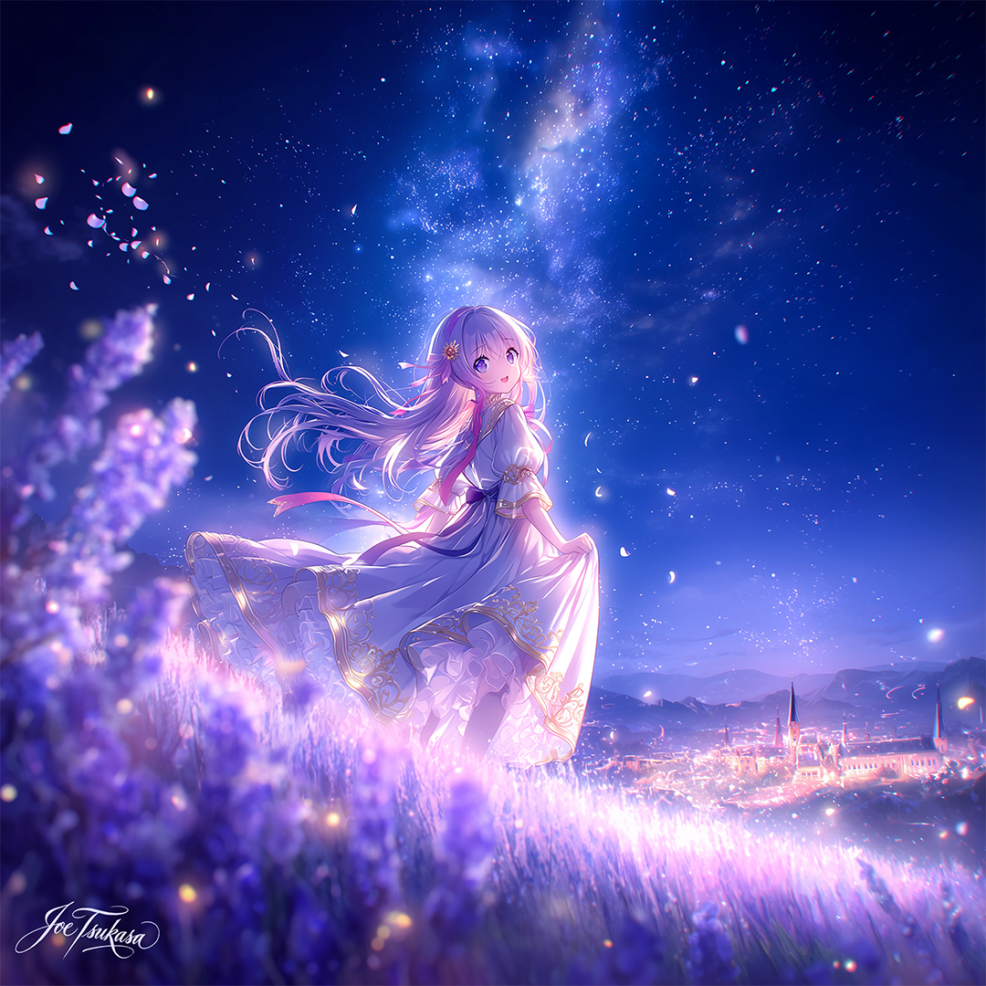 ✨✨✨ 星空のもとラベンダー畑にたたずむ女の子たちです The kawaii