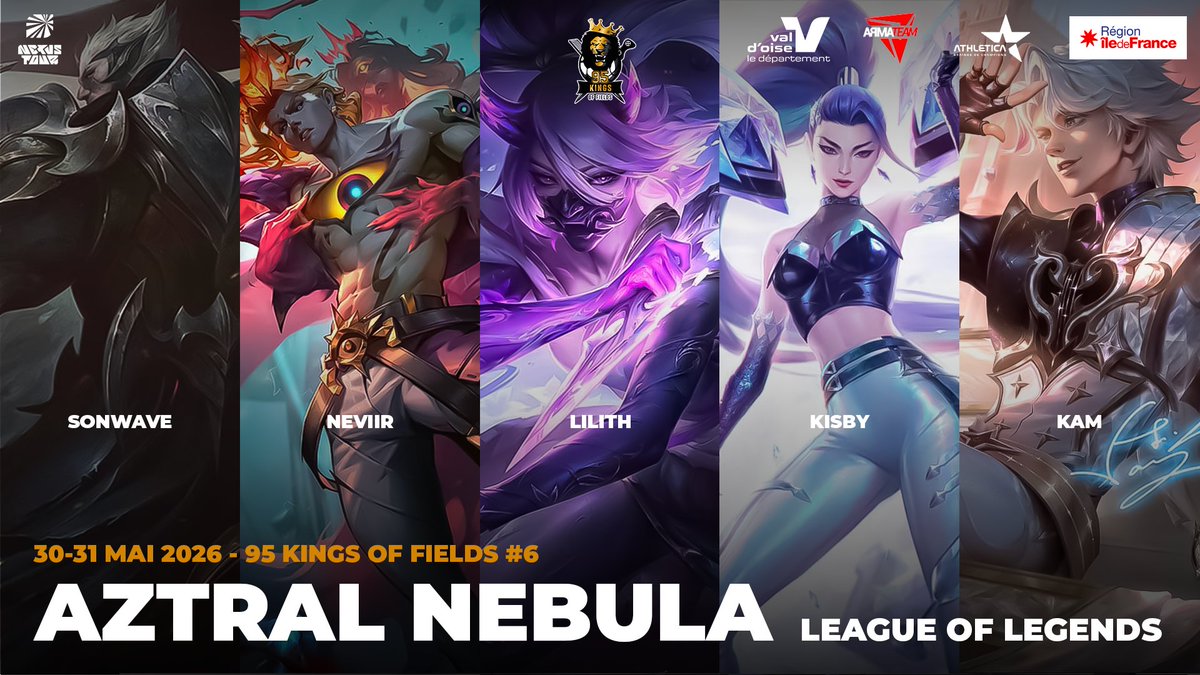 armateam's tweet photo. #95KOF 🦁 

Cinq étoiles. Une constellation. Un seul objectif. 

Aztral Nebula prend position pour l'étape 𝐍𝐞𝐱𝐮𝐬 𝐓𝐨𝐮𝐫 𝟐𝟎𝟐𝟔 ⚡

Top - @SonWaVe19 
Jungle - @SNeviir 
Mid - @LShunpo 
ADC -  @kisby10 
Support - @CrispKyuma

➡️ https://t.co/Sz5YQ0mkFp

@valdoise | @Athletica_95 | @iledefrance