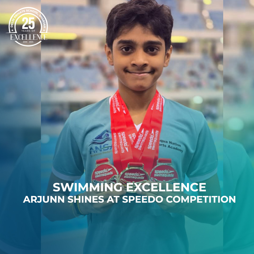 dpsshj's tweet photo. Arjunn Girish Warrior dominates at Speedo competition: 🥇 Gold - 100m Breaststroke 🥈 Silver - 200m Freestyle 🥈 Silver - 200m IM
Your excellence makes Delhi Private School Sharjah proud! Keep swimming towards greatness!
#SwimmingChampion #dpsshj @Interstar_AE https://t.co/EAJqJTSDhr