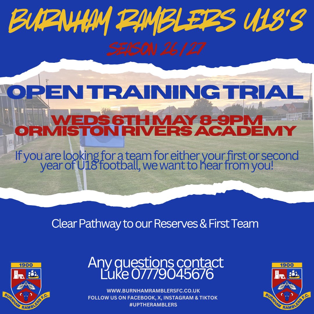 BurnhamRamFC's tweet photo. U18s – 2026/27 Season | Open Trial Session ⚽🔥
Step up into the next level of the game. This is the move from youth football into the young adult game.
With a clear pathway into our Reserves and First Team.
#UpTheRamblers #U18s #NextStep #TrialSession https://t.co/moK2JarDtA