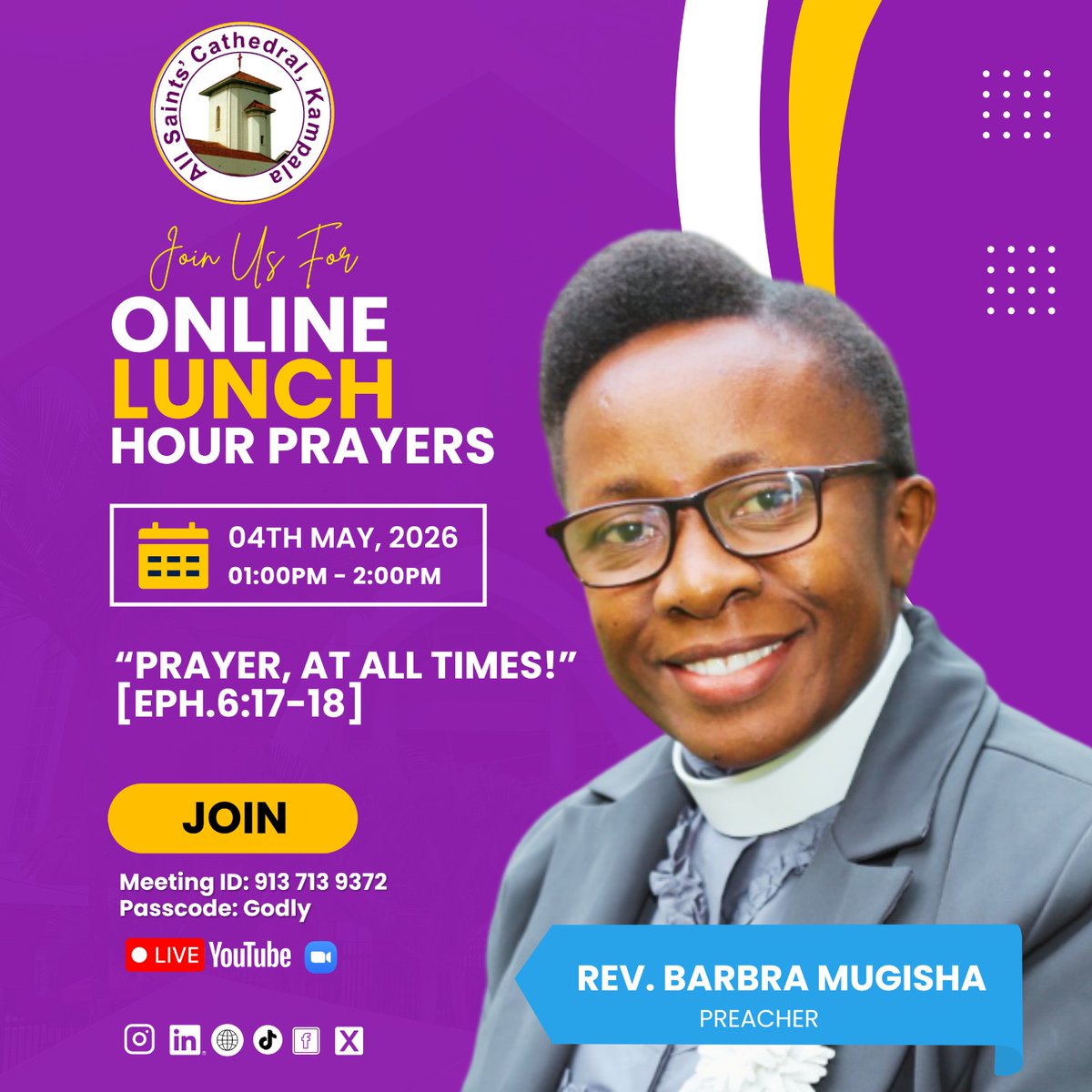 allsaintskla's tweet image. Join us for Lunch Hour prayers (Online Only) on Monday, 4th May 2026 at 1:00pm. Invite a friend !!
#ASCKLunchHour #Prayer #ASCKChurchOnline