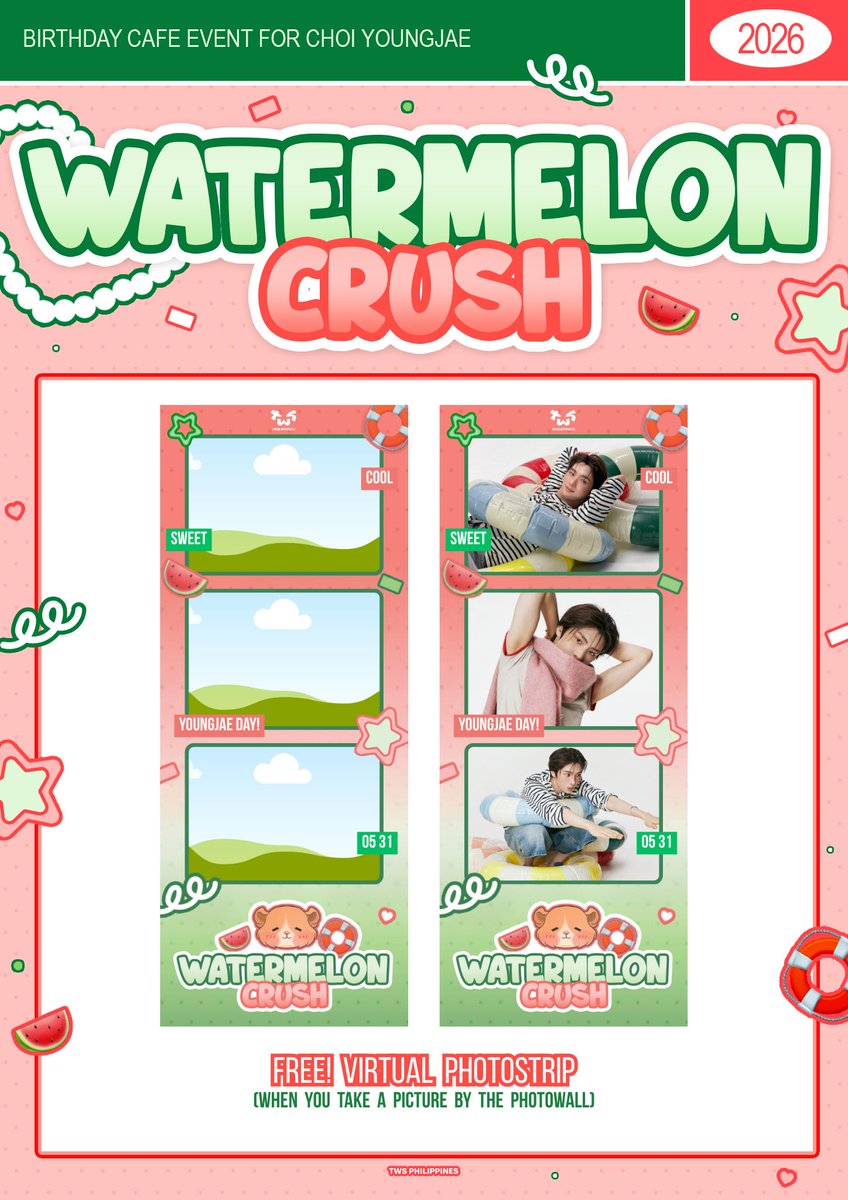 twsphevents's tweet photo. [📣] #TWSWatermelonCrush
YOUNGJAE BIRTHDAY CAFE EVENT

To add more amusement, TWS PH also offers a virtual photostrip for attendees who will be taking photos by our photo wall— so don't miss out! 🍉☀️

Hoping to see you soon, PH 42s! 🩵

#TWS #투어스 #YOUNGJAE #영재 @tws_pledis https://t.co/kFugMAKdTr