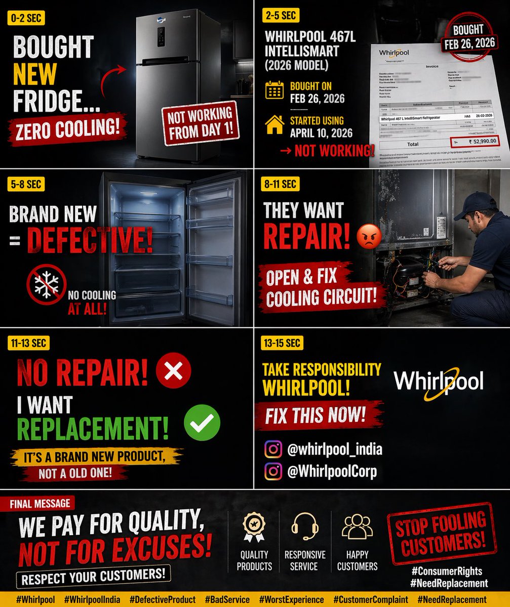 aala011's tweet photo. Got Replacement of Whirlpool 467L fridge &amp; in just 6 day it has again stopped cooling. Repeated failure in replacement is completely unacceptable. This is pathetic product experience I’ve ever had. I’m escalating this publicly and demanding product return/replacement immediately. https://t.co/1a5EBBLwhj