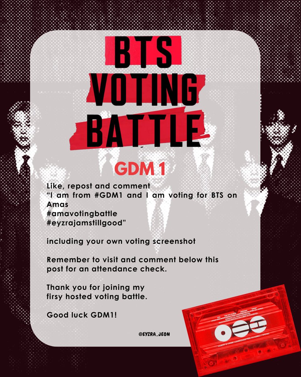VOTING BATTLE STARTS NOW !

Like, repost and comment
“I am from #GDM1 and I am voting for BTS on Amas
#amavotingbattle
#eyzrajamstillgood”

including your own voting screenshot.

Good luck GDM1!