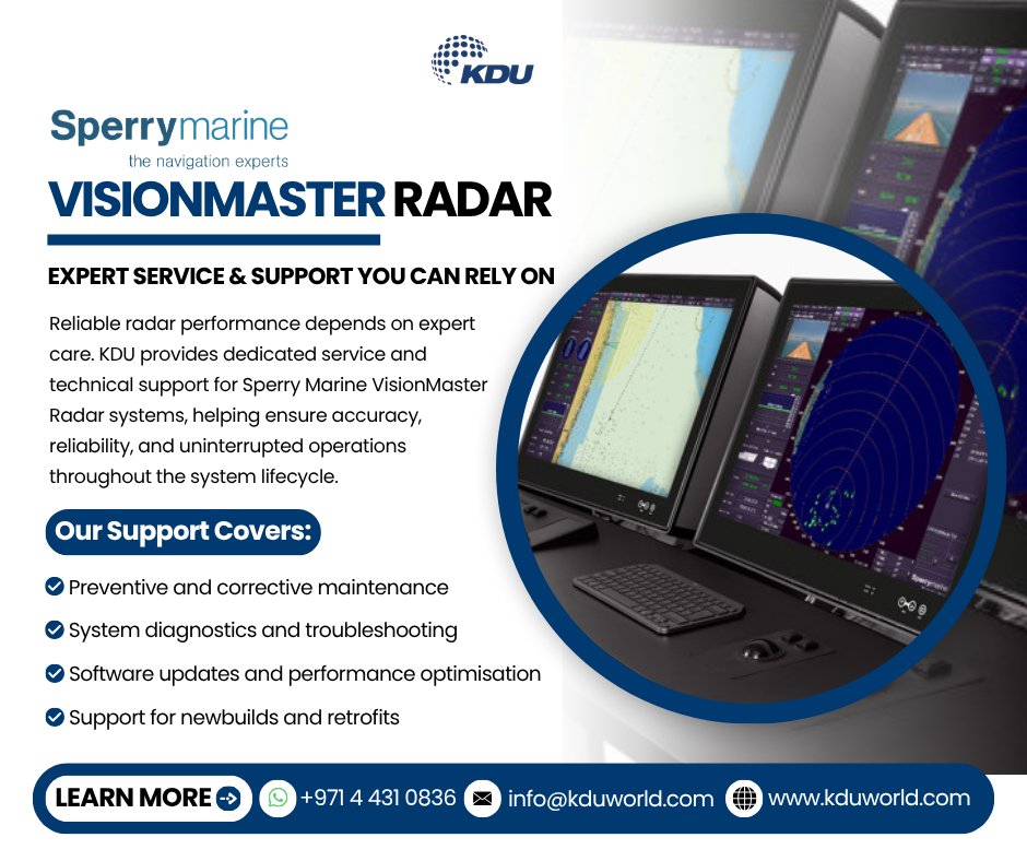 KduWorld's tweet image. Reliable #radar performance goes beyond installation—it depends on expert #service and ongoing #support.
At #KDU, we provide service &amp;amp; technical support for Sperry Marine #VisionMaster #Radar, helping operators maintain accuracy, reliability, and confidence.
#Kduworld #Kdugroup